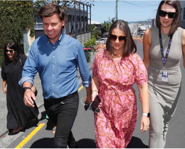 Paddy Gower (left), Karen Rutherford and Charlotte Foster leaving the Newshub offices yesterday....
