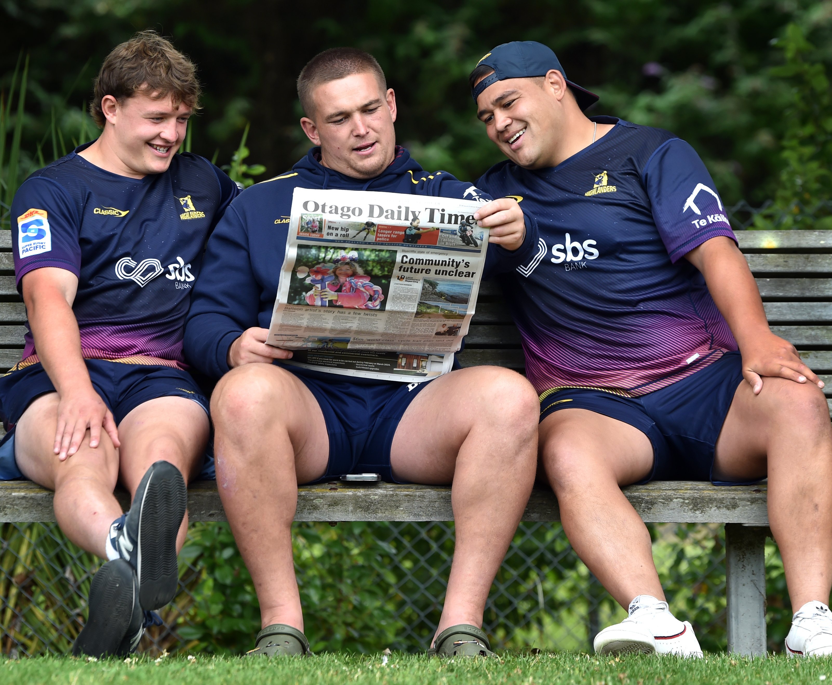 Highlanders (from left) Hayden Michaels, Ethan de Groot and Solomone Tukuafu read the Otago Daily...