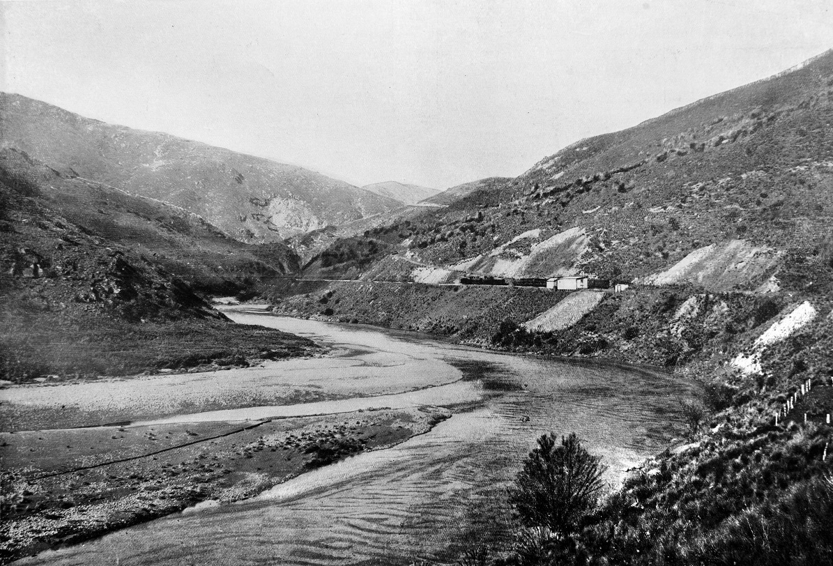 The Otago Central Railway runs alongside the Taieri River at Hindon. — Otago Witness 5.2.1924