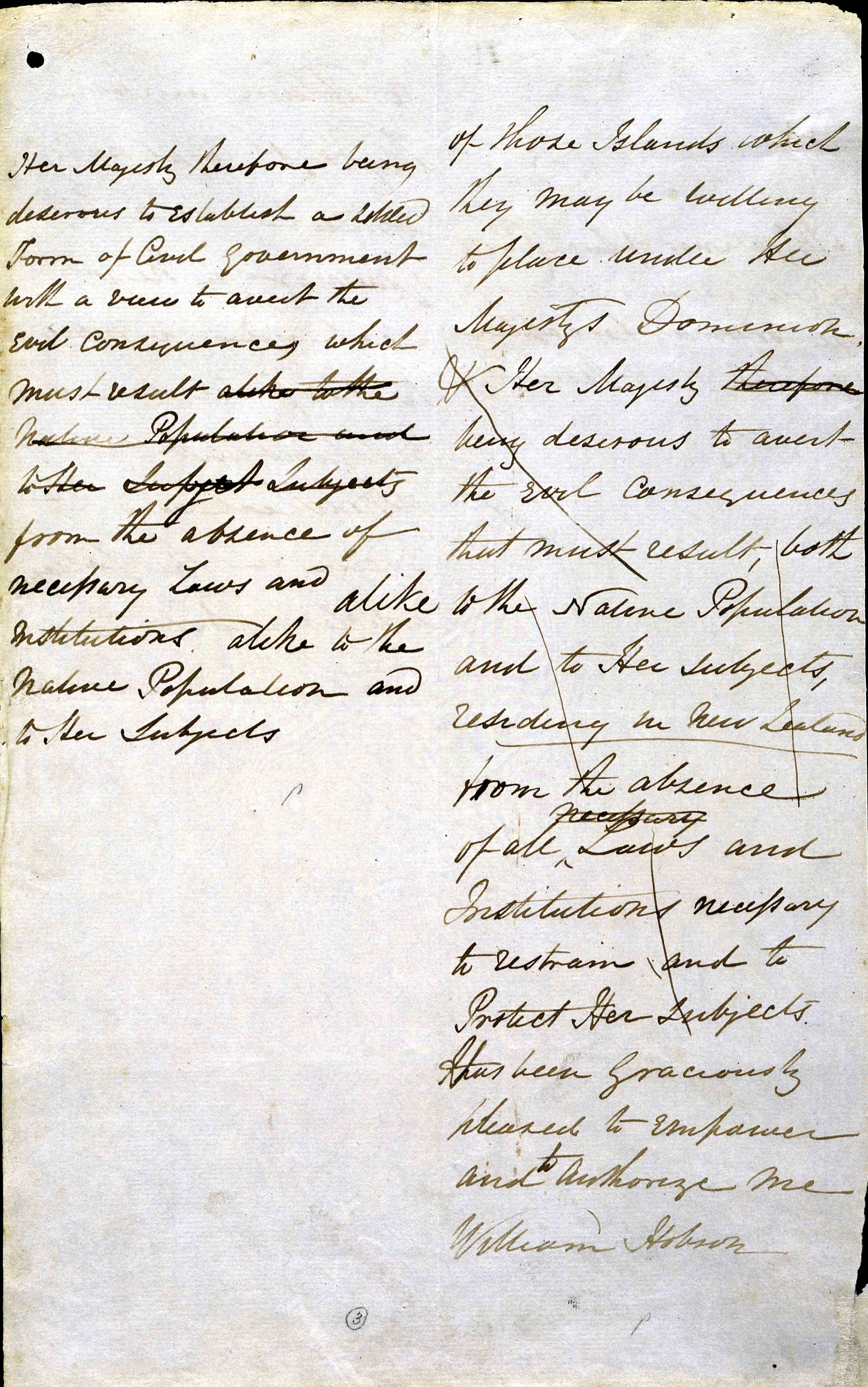 Captain William Hobson's draft preamble to the Treaty of Waitangi.