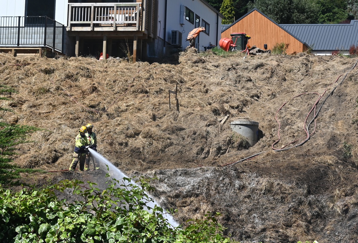 Firefighters at the scene in Hocken St this afternoon. Photo: Craig Baxter