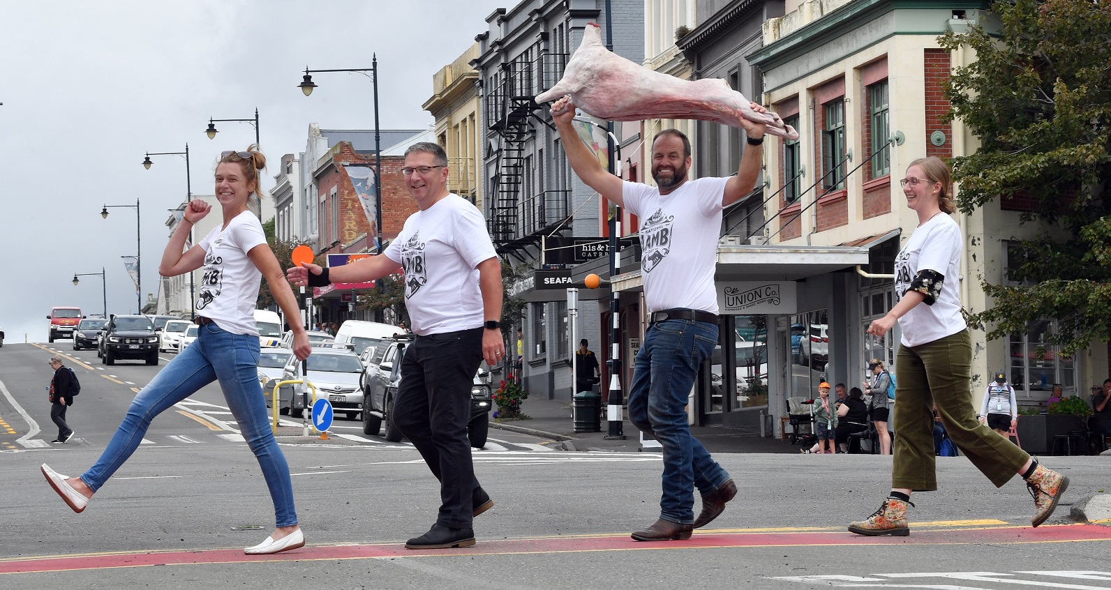 Getting in step for National Lamb Day are (from left) Maniototo farmer Emma Crutchley, Port Otago...