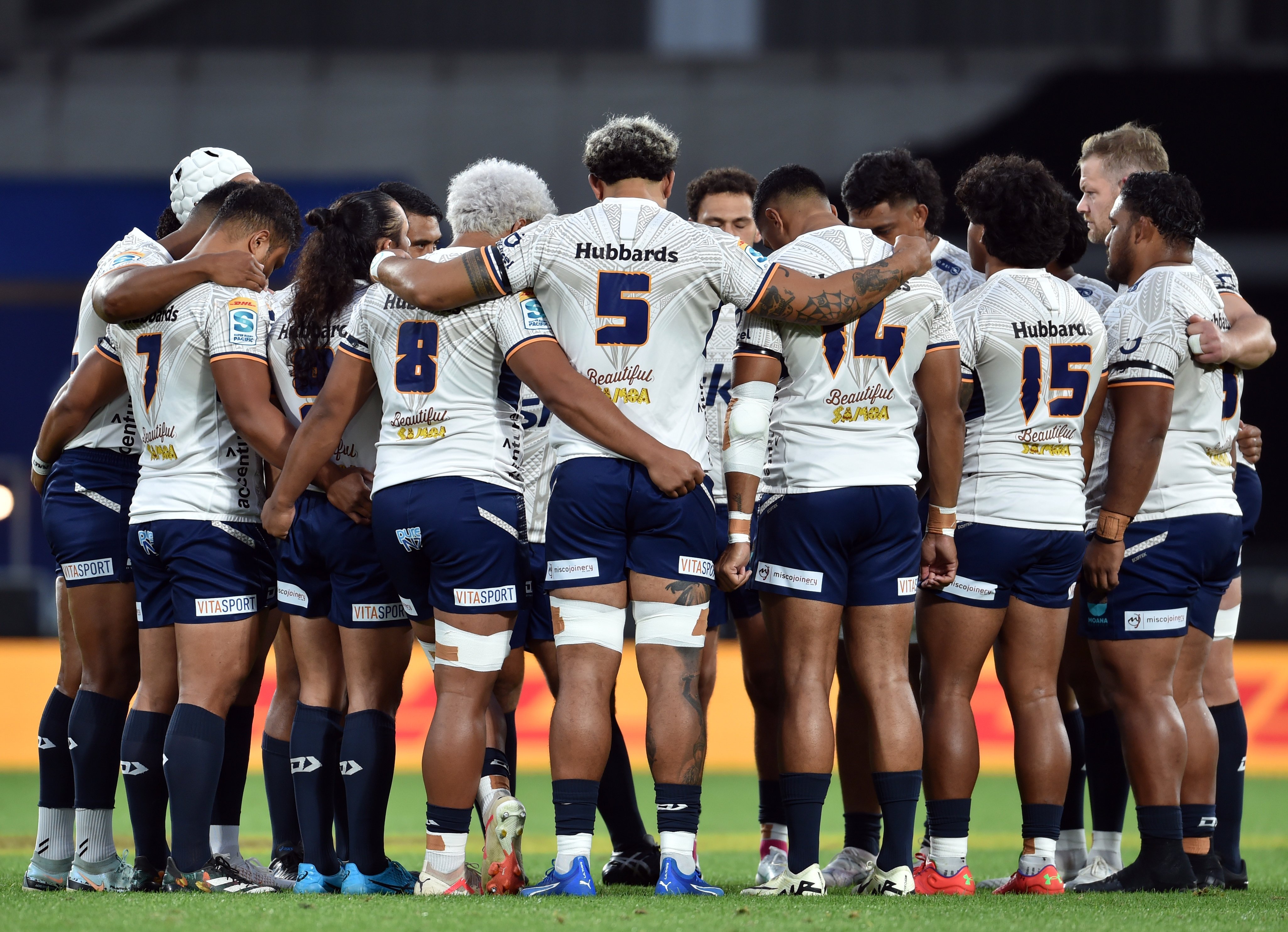 The Moana Pasifika Super Rugby team during their Saturday night match against the Highlanders at...