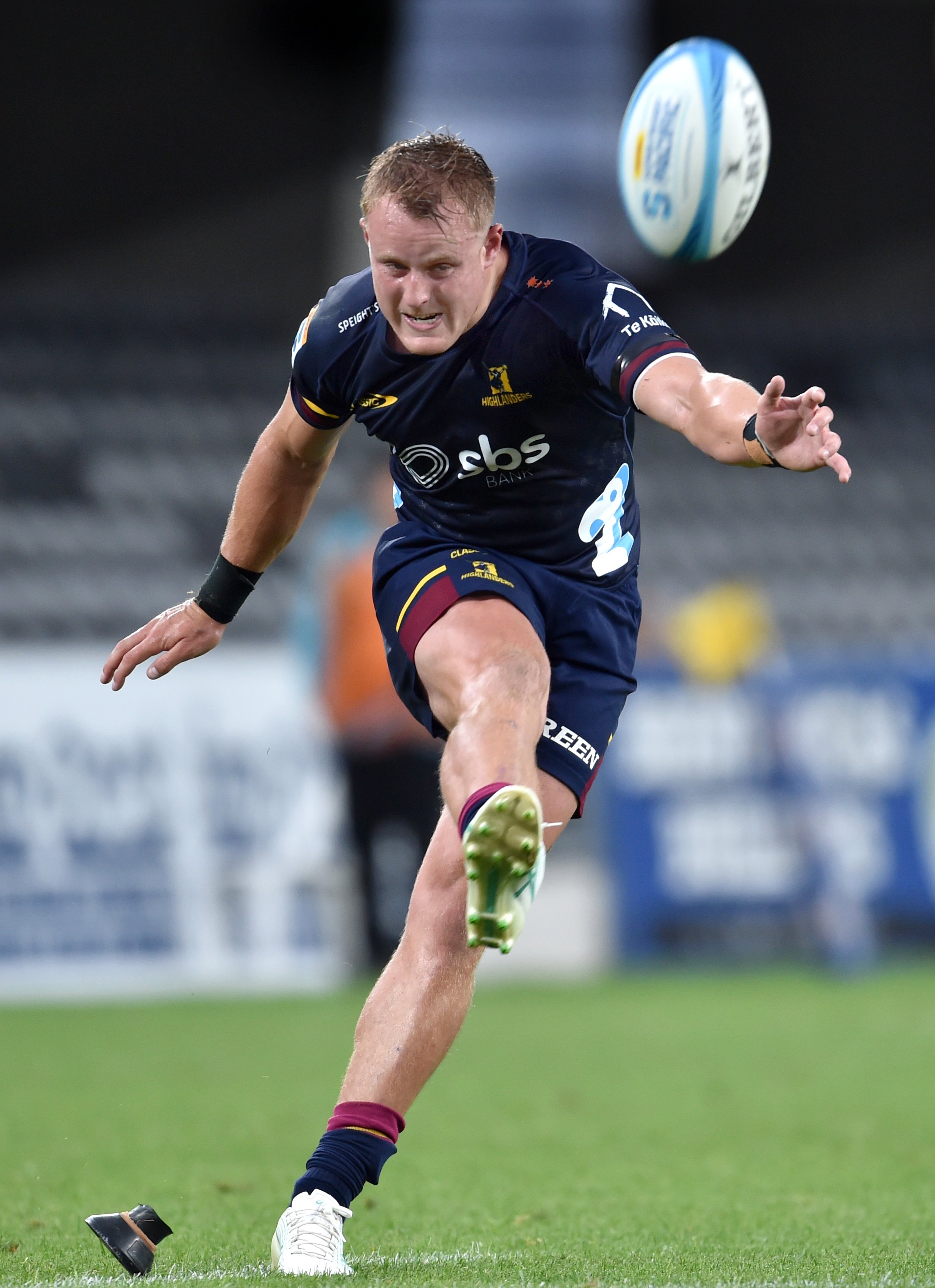 Highlanders second five Sam Gilbert nails a conversion against Moana Pasifika on Saturday night....