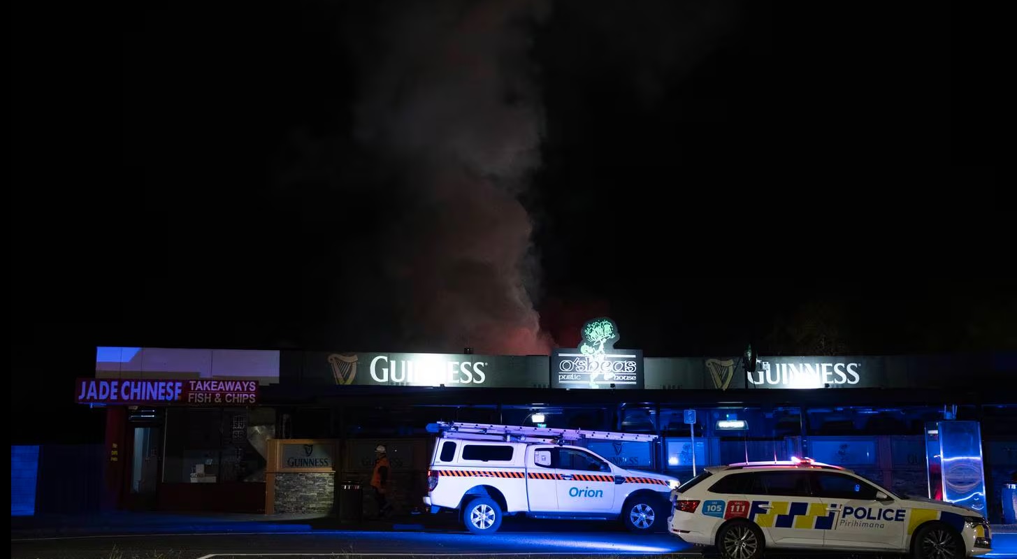 Police at the scene of a suspicious fire at O’Shea’s Pub in Christchurch. Photo: NZ Herald