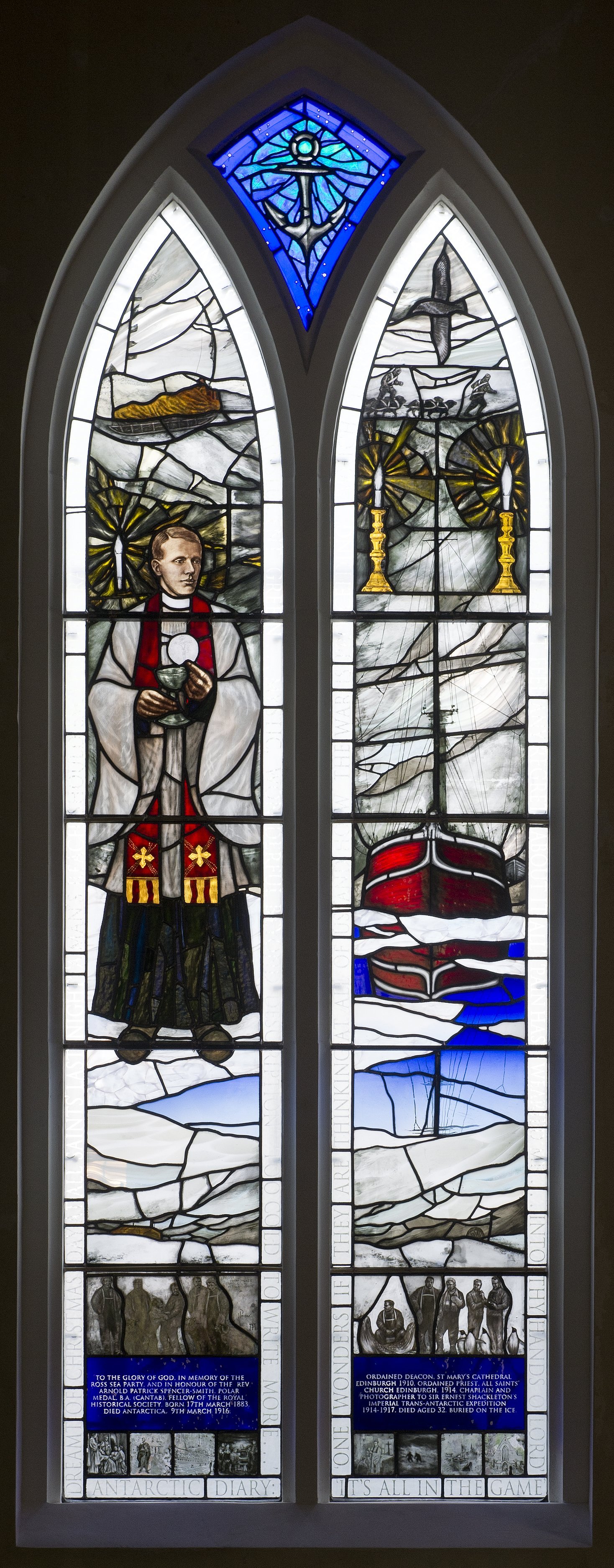 The new stained-glass window at All Saints church that commemorates the life of Rev Arnold...