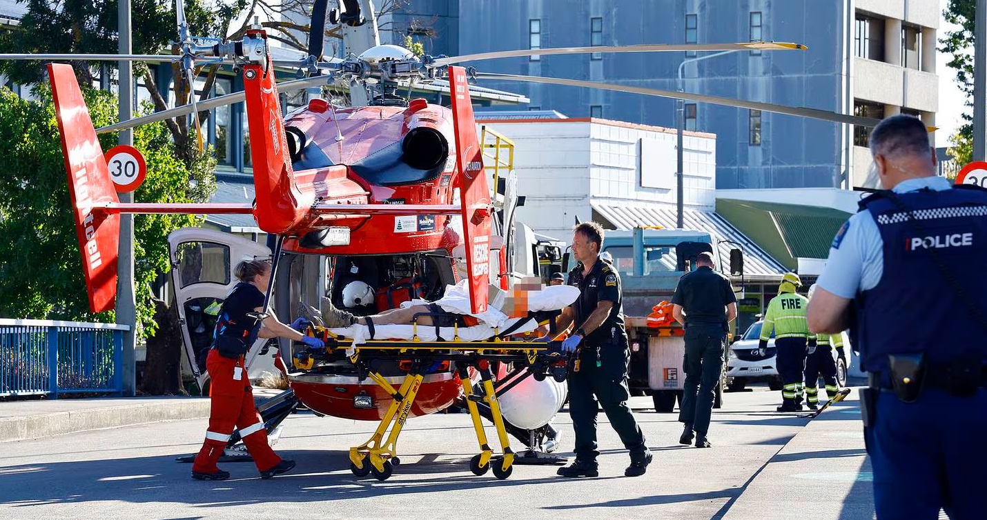 A rescue helicopter landed in the middle of a Blenheim road to airlift the injured person. Photo:...