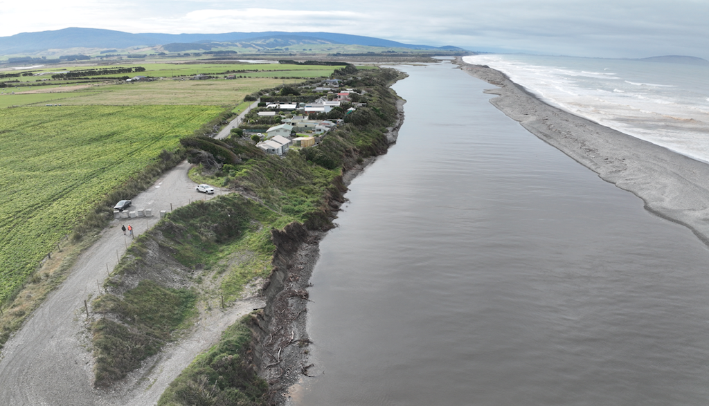 An aerial view of Bluecliffs, perched next to the Waiau River and ocean. Photo: Emergency...