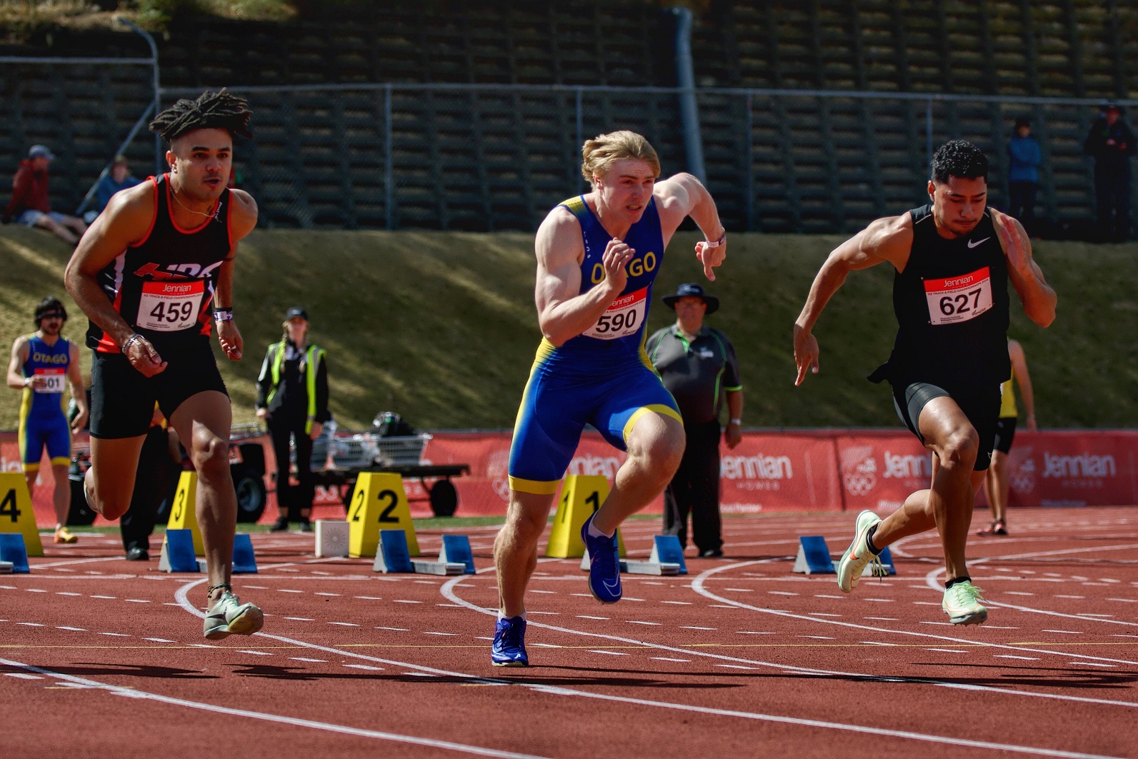 Otago’s John Gerber (centre) leads Joshua Adegoke (left) and Johnny Key (right) during the...