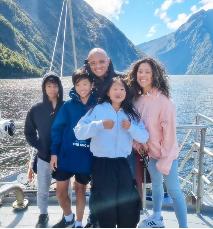 Tegan Chen (centre) with mum Deb Fung, dad Adrian Chen and her two brothers at Milford Sound....