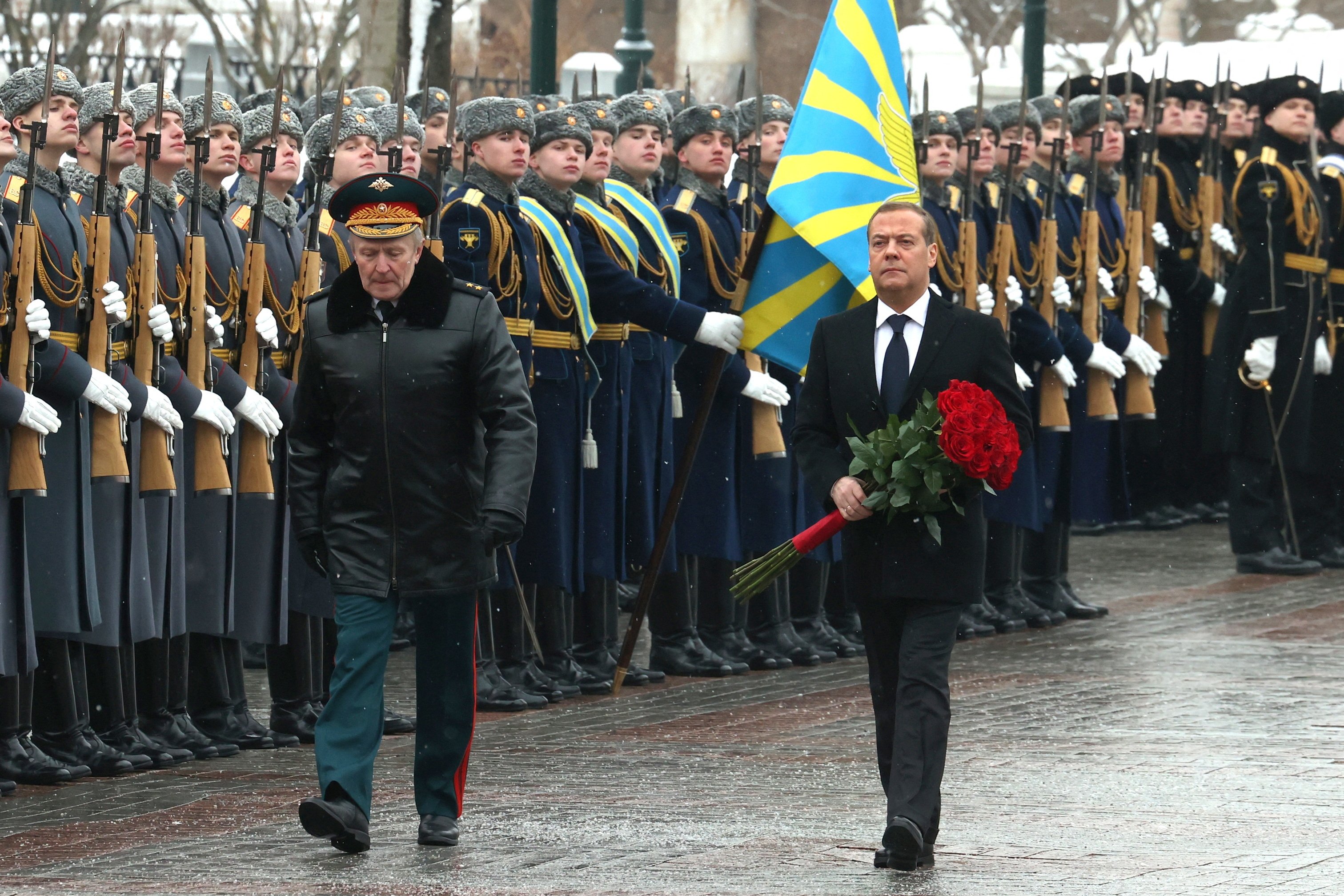 Deputy head of the Russian Security Council Dmitry Medvedev at a wreath-laying ceremony at the...