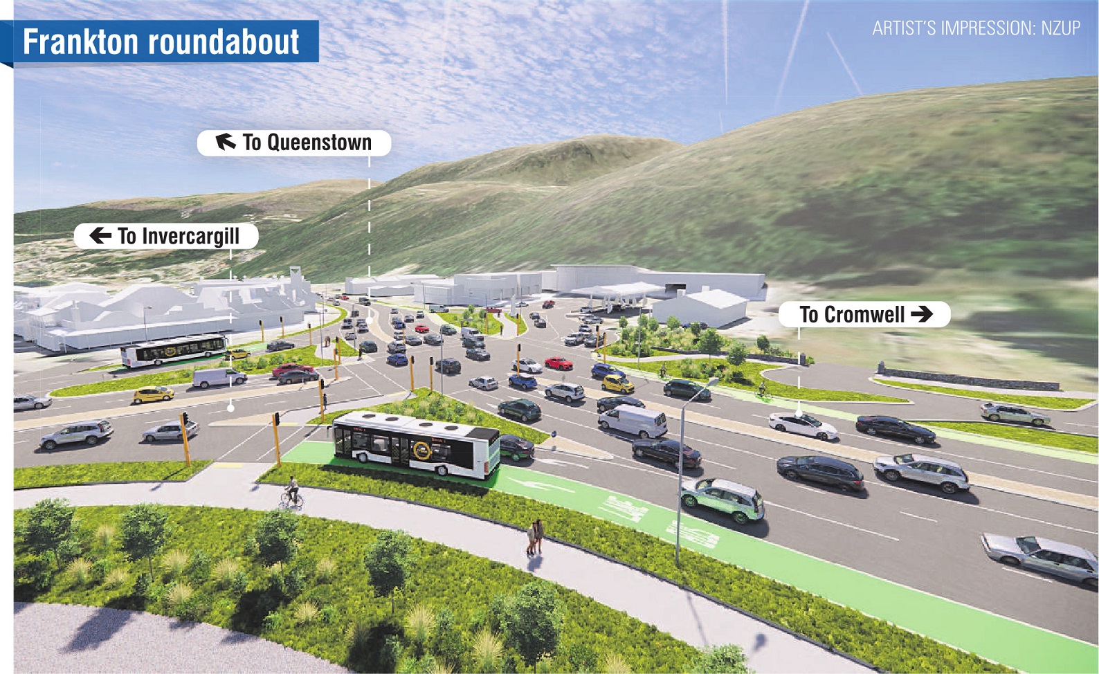 A graphic render of the enlarged Frankton roundabout, which will become a signalled intersection....