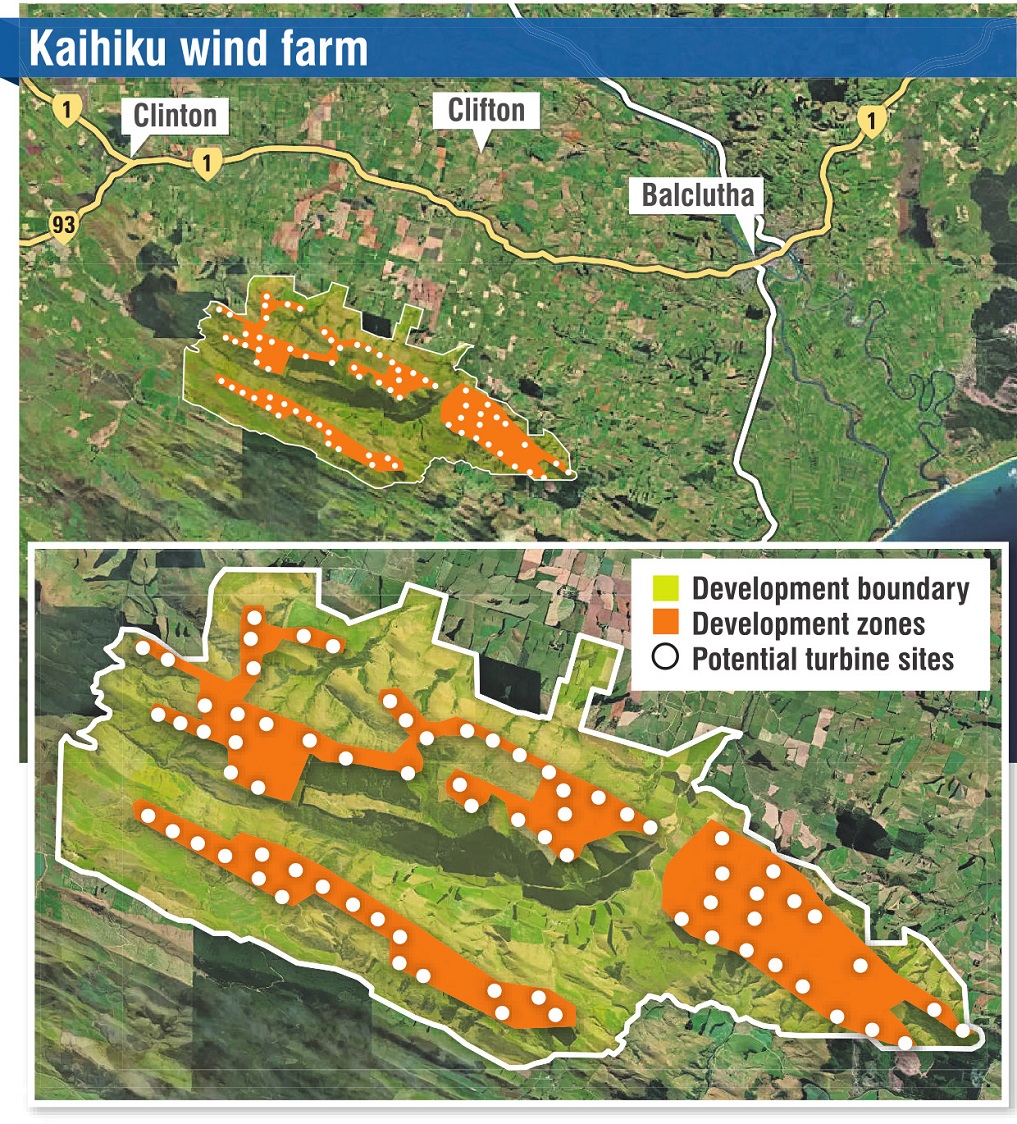 Maps showing the proposed location of a potential 73-turbine wind farm on the Kaihiku Ranges,...