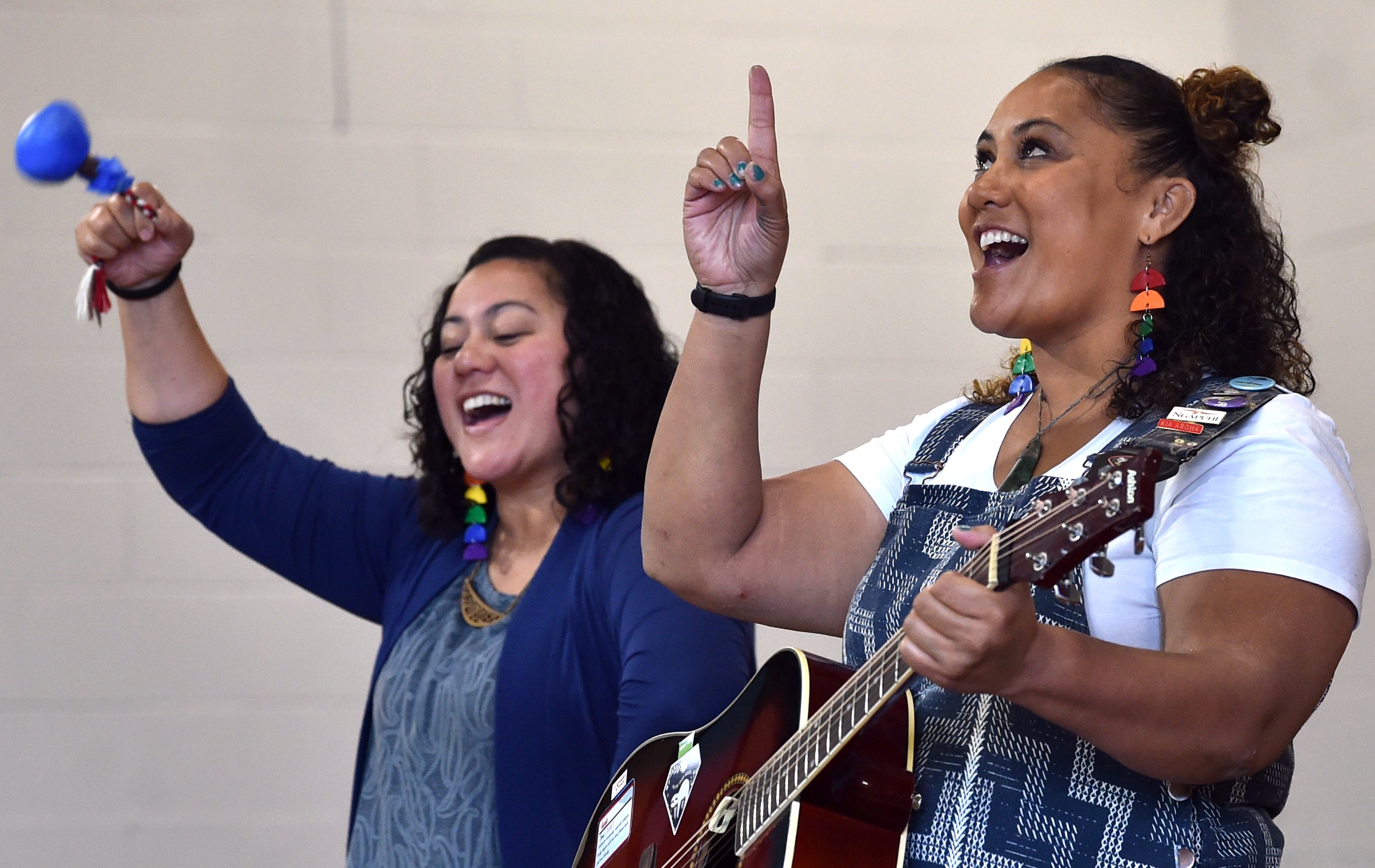 Loopy Tune Music duo Leah Williams-Parington (left) and Siu Williams-Lemi perform E Rere Taku Poi...