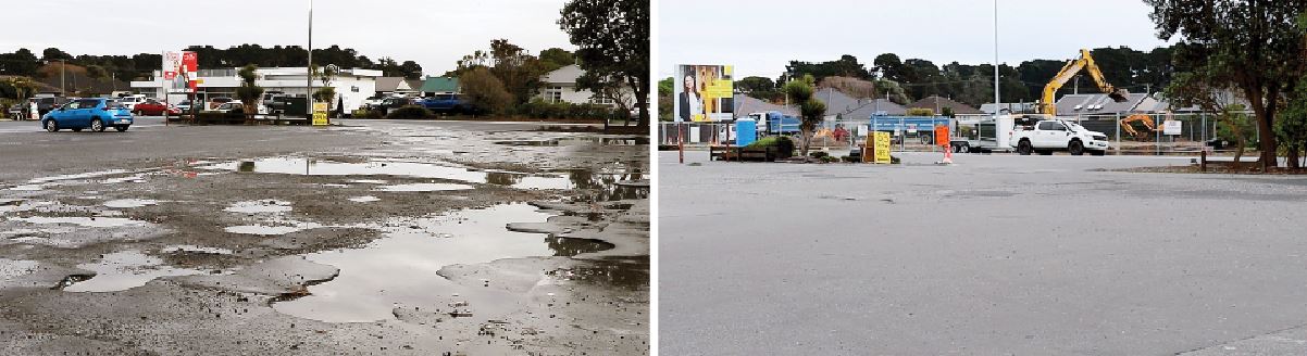 The pot-holed car park in 2022 and the car park now. Photos: Geoff Sloan