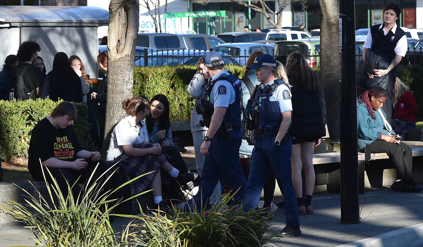 Police patrol through the Bus Hub in Great King St on Tuesday afternoon. Photo: Gregor Richardson