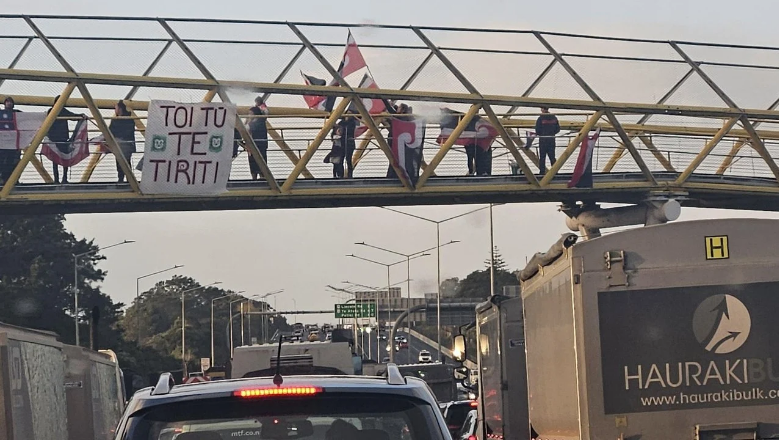 Supporters on a motorway overbridge in West Auckland heading towards city. Photo: RNZ