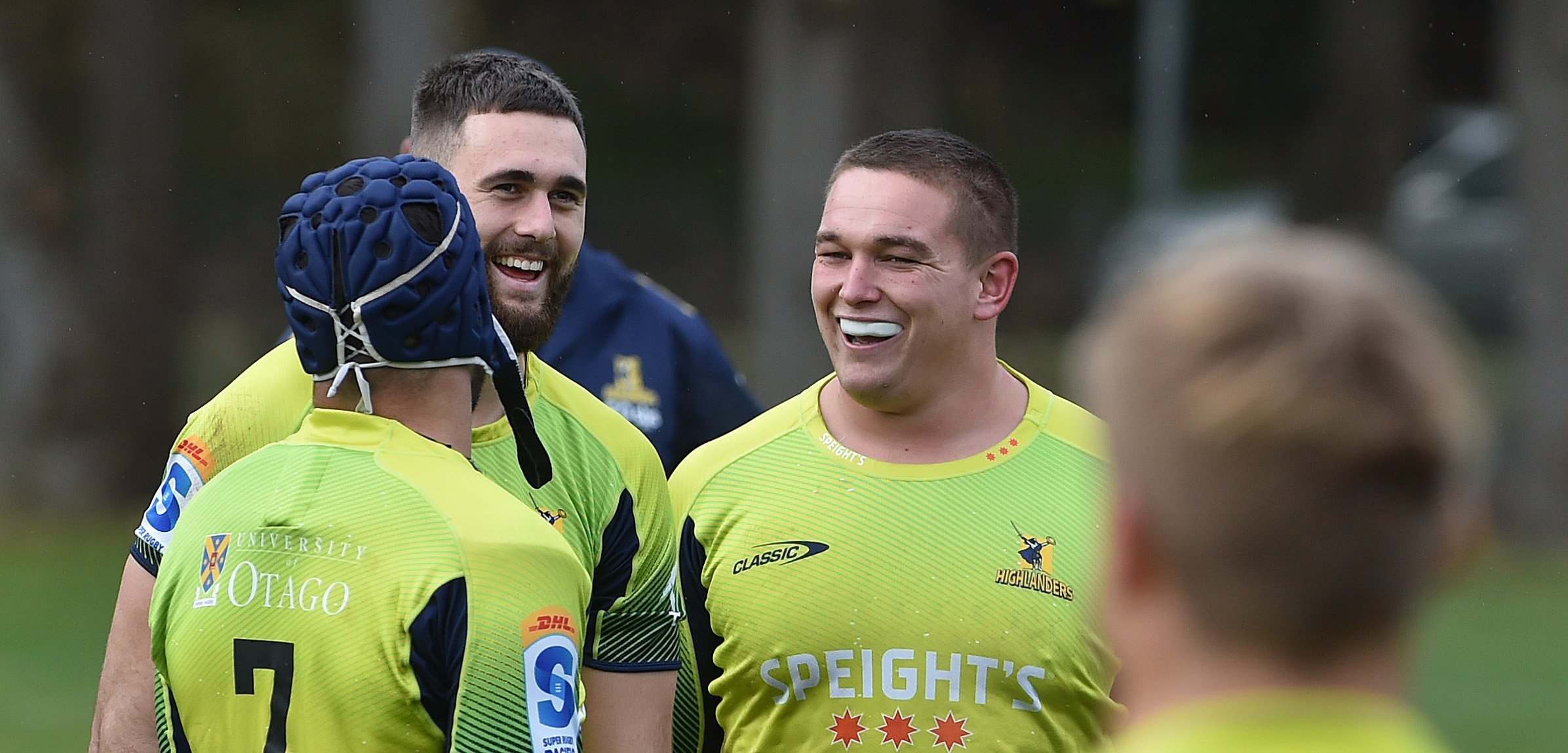 Ethan de Groot shares a laugh with Billy Harmon and Max Hicks during training this week ahead of...