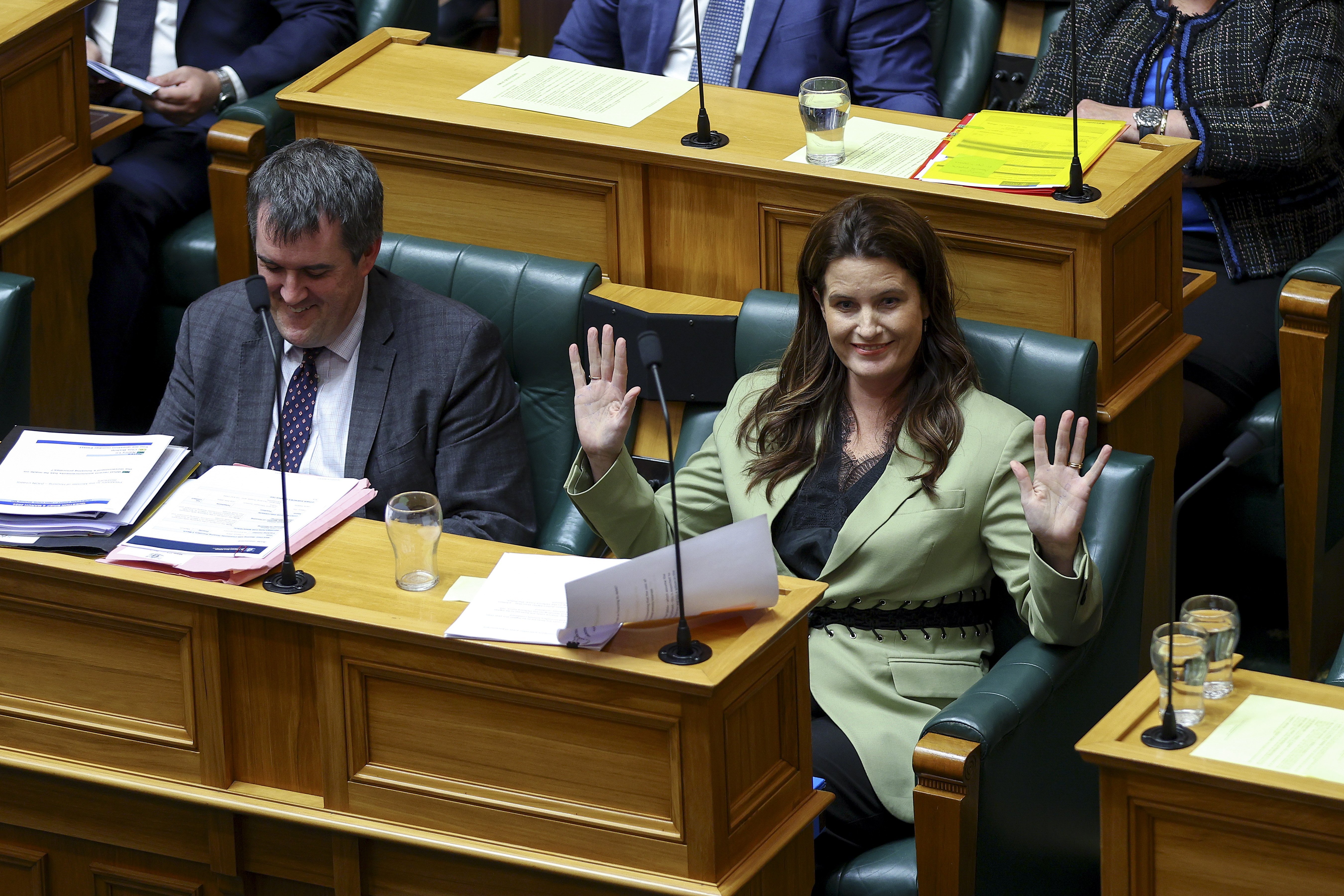 Finance Minister Nicola Willis and her Associate Minister Chris Bishop share a lighthearted...
