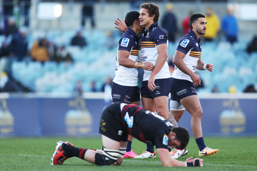 Brumbies players celebrate their victory over the Crusaders. Photo: Getty