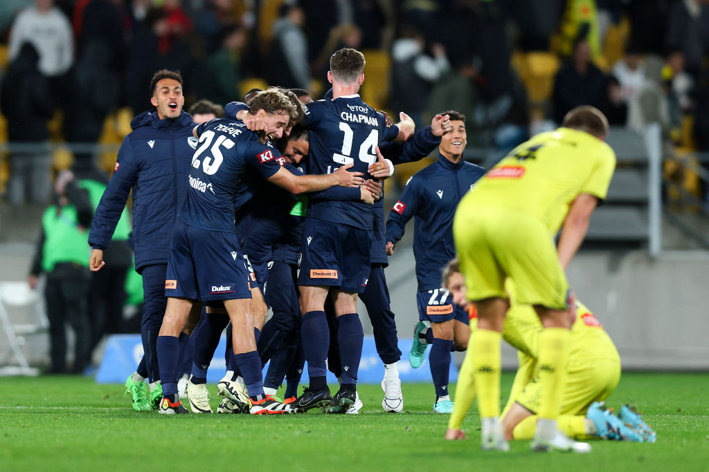 Victory players celebrate their win over the Phoenix at Sky Stadium in Wellington. Photo: Getty