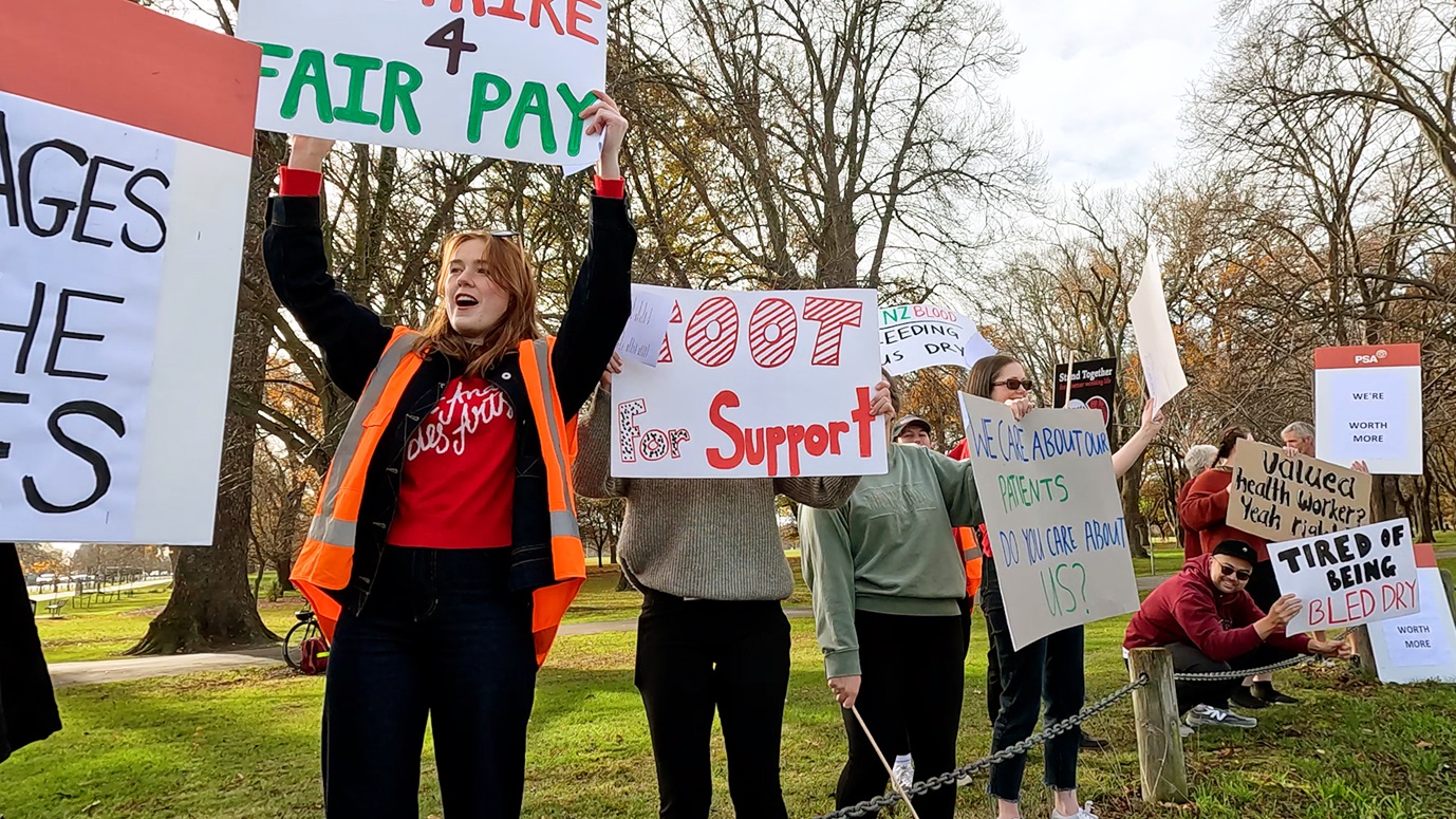 NZ Blood Service employees picket for fair pay on Moorhouse Ave in Christchurch on Friday...