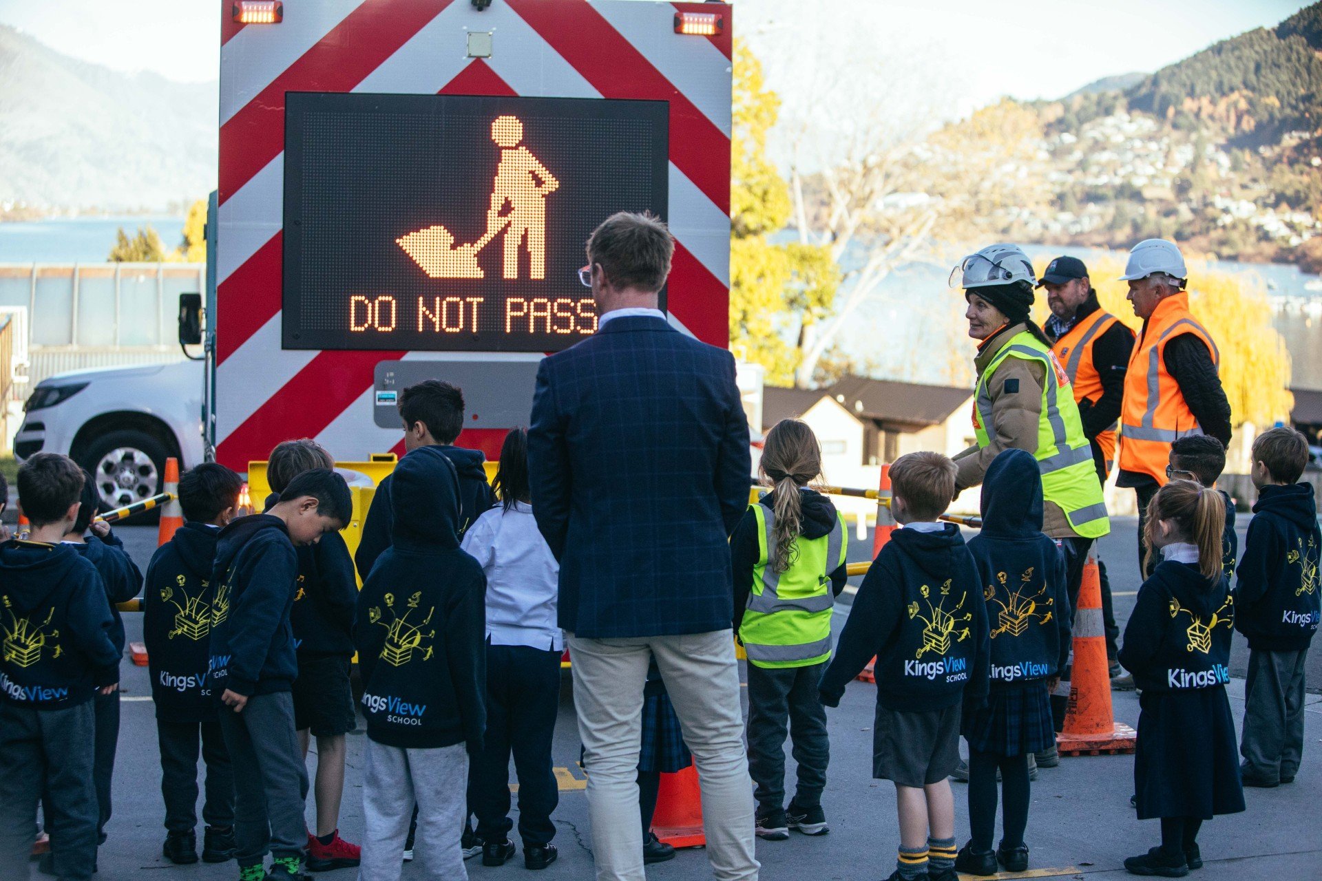 Kingsview Primary School pupils fascinated by a Fulton Hogan attenuator truck on Wednesday as...