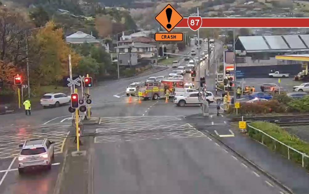 The crash from another angle, showing the lane to Mosgiel blocked. PHOTO: NZTA/ WAKA KOTAHI