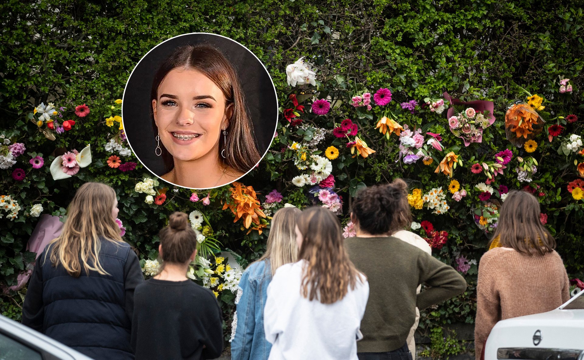 Students gather outside the flat where Sophie Crestani (inset) died in 2019. 