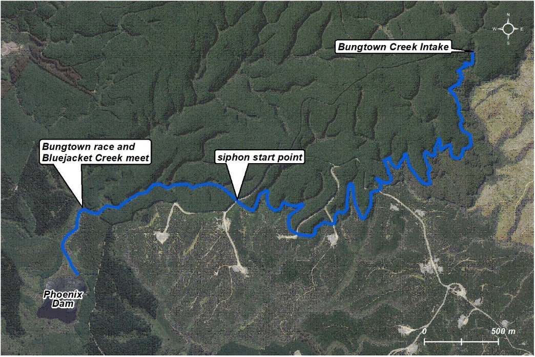 A map showing where Bungtown Creek starts, northeast of the Phoenix Dam, and where the siphon...