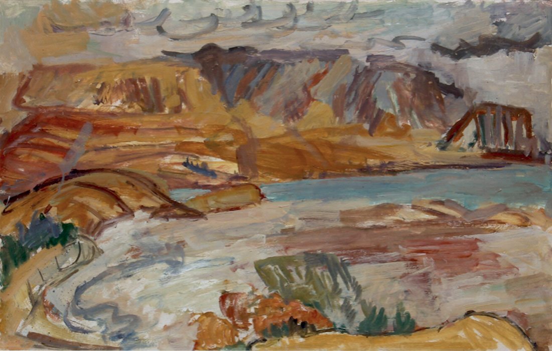 Taramakau River with the Hohonus, by Toss Woollaston.