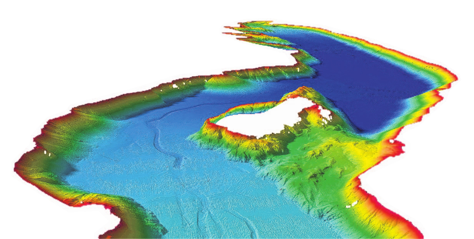 A 3D graphic of high-resolution bathymetry data retrieved from the lakebed mapping project.