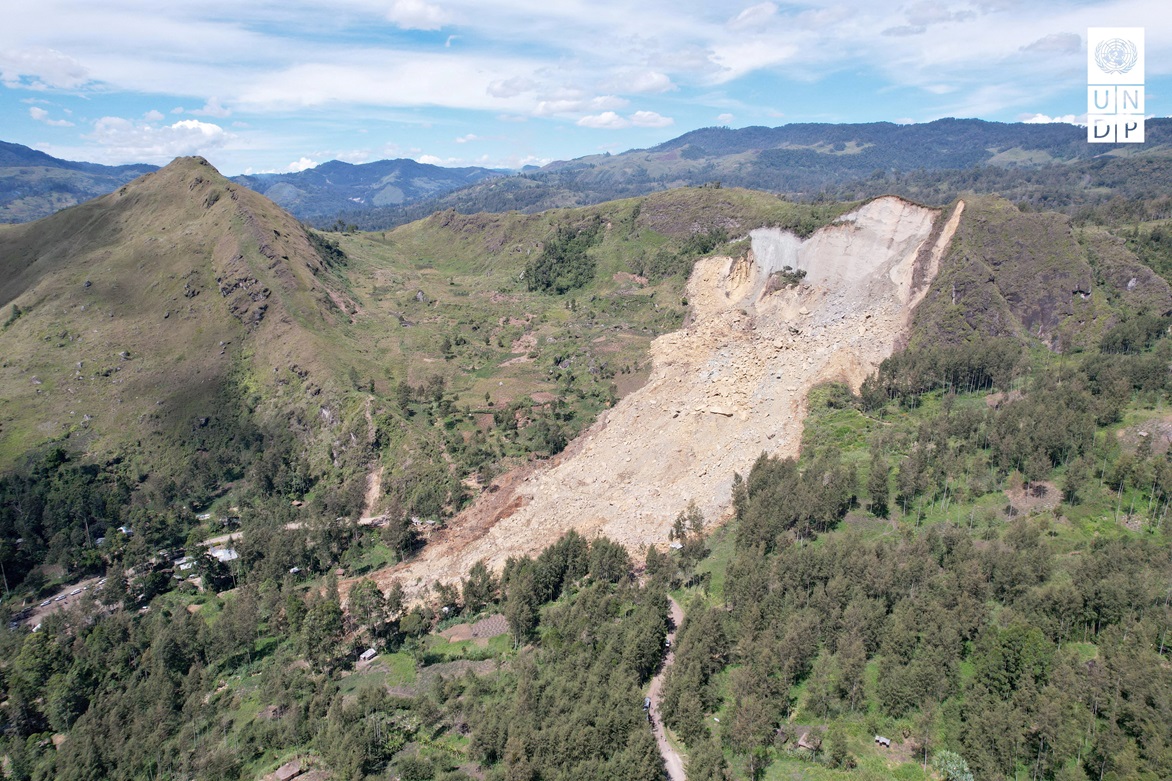 An aerial view of the landslide in Yambali village, Enga Province. Photo: UNDP Papua New Guinea...