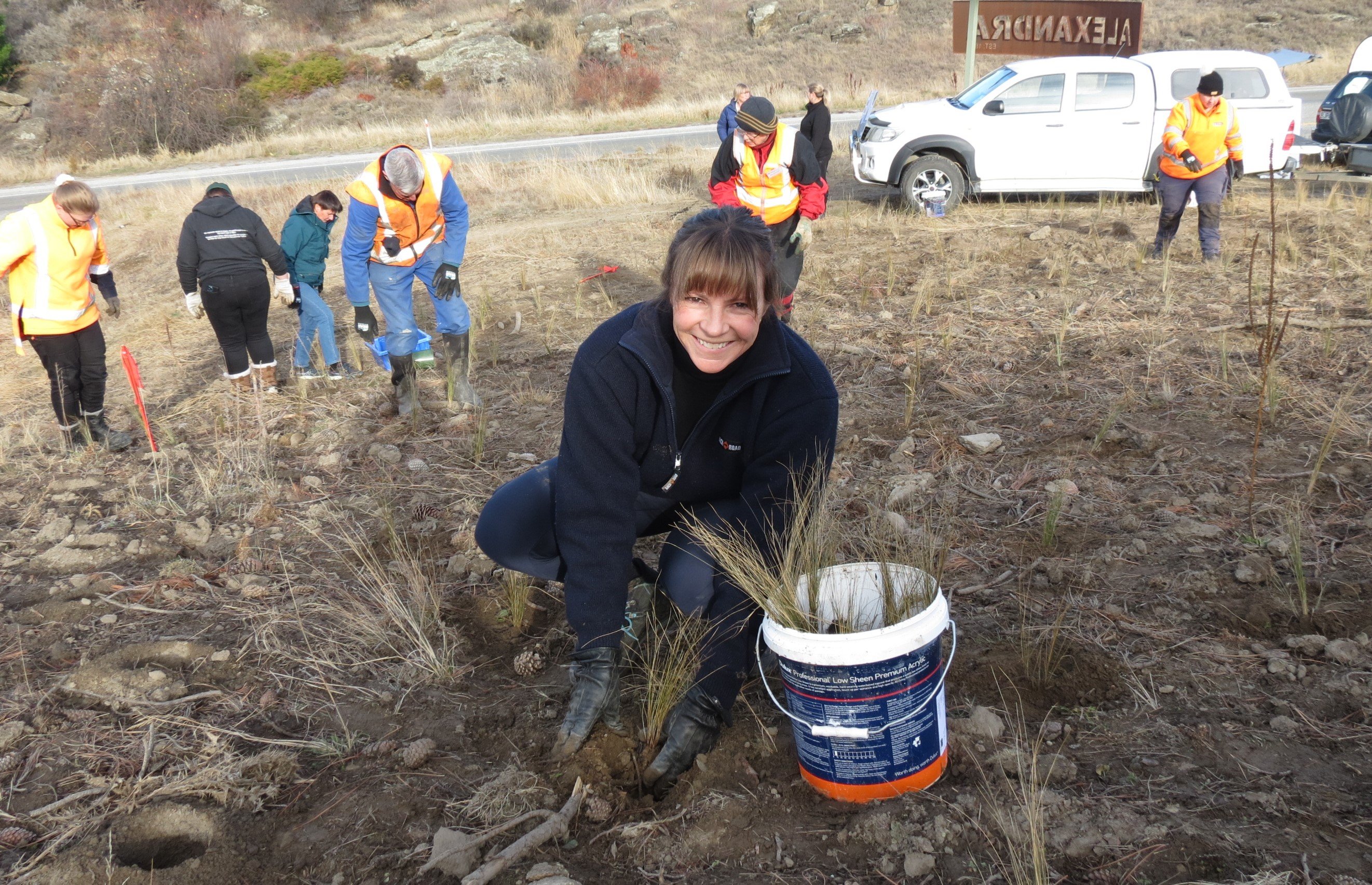 Vincent Community Board chairwoman Tamah Alley plants a tussock at the Half Mile Recreation...