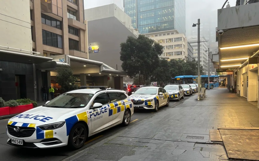 Police cars at the scene in central Auckland. Photo: RNZ