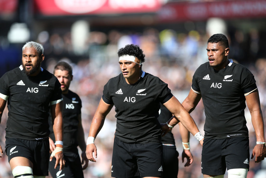 Alex Hodgman (c) on the field for the All Blacks in a test against the Wallabies at Auckland's...