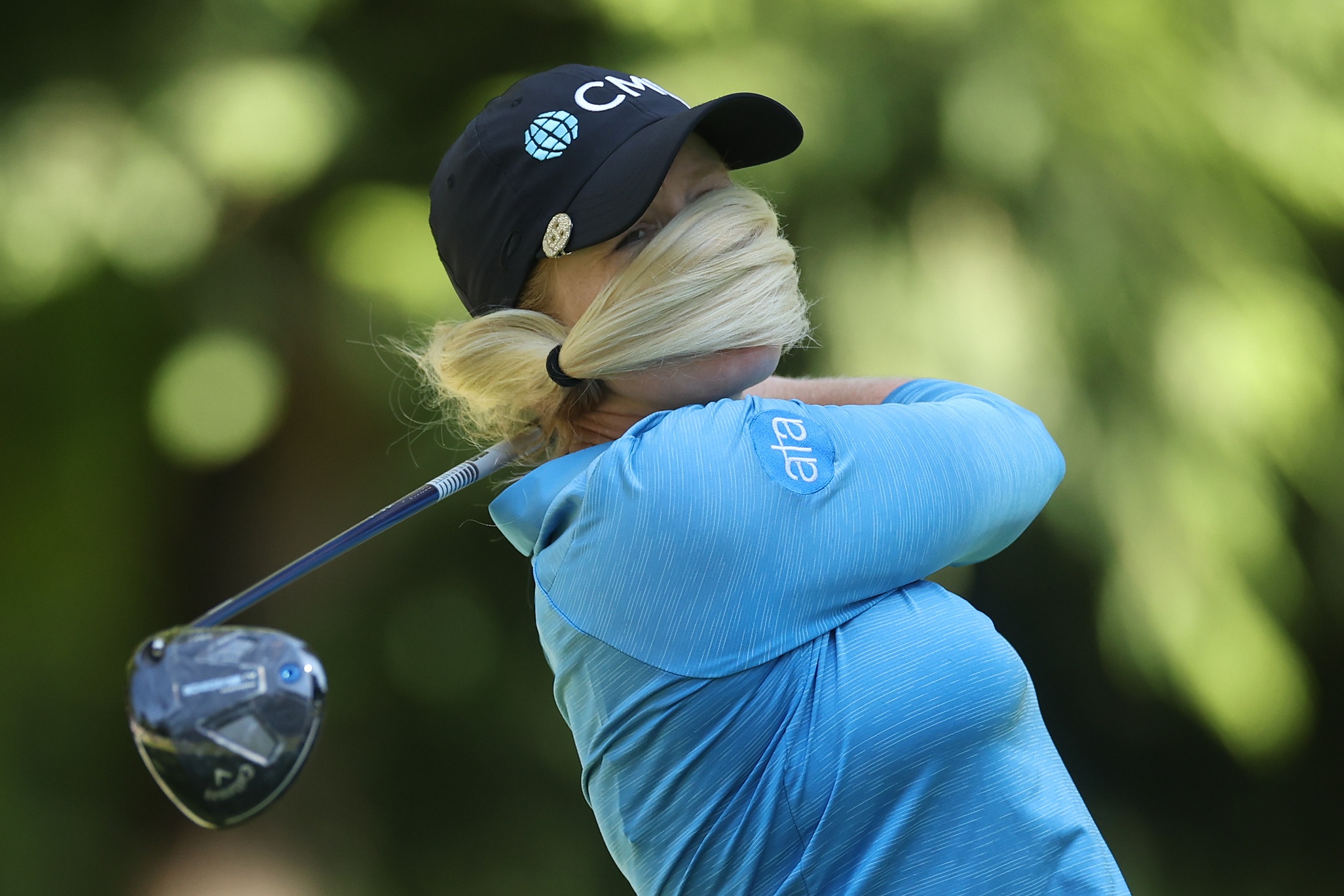 Stephanie Meadow, of Northern Ireland, hits a tee shot on the seventh hole during the first round...