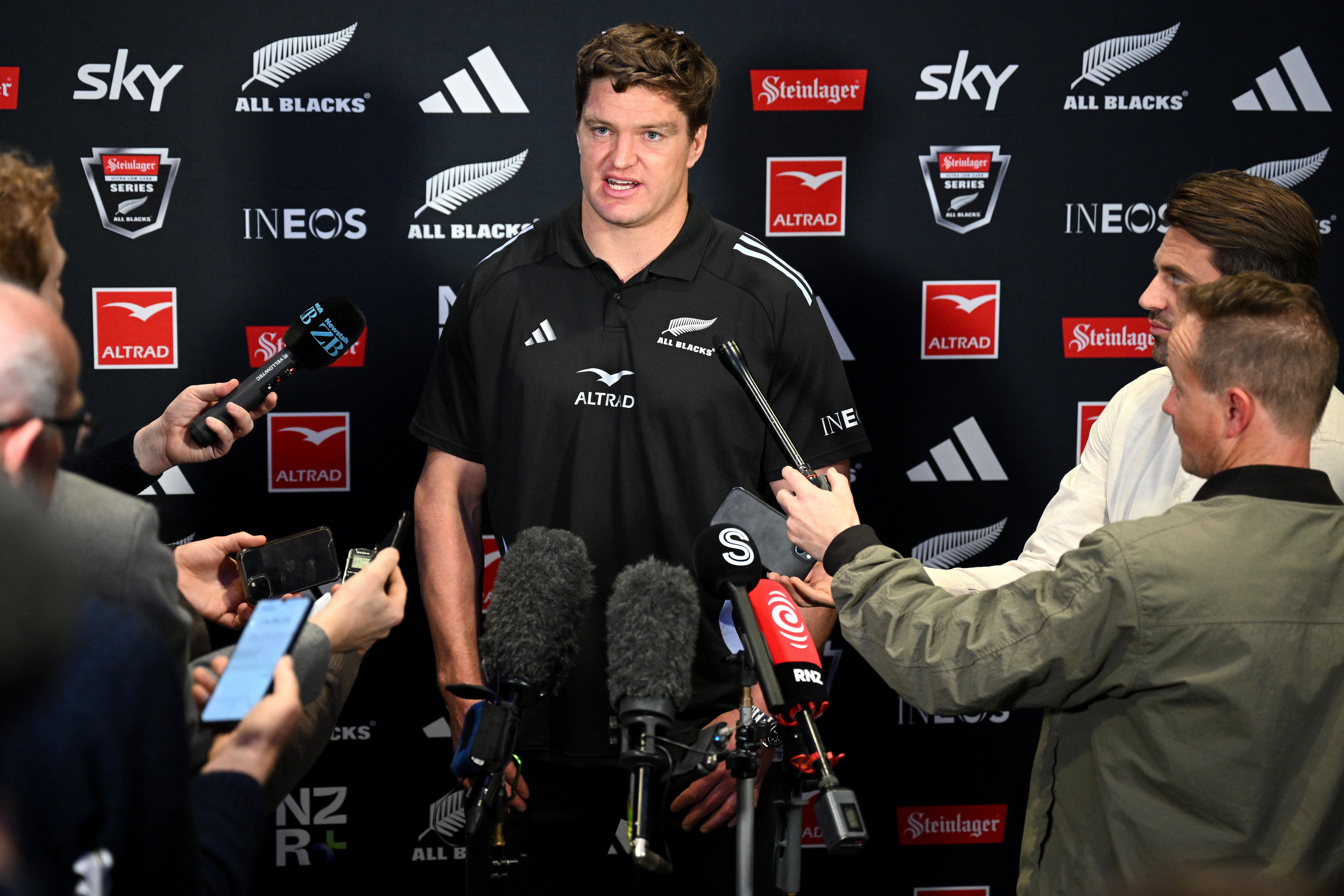 Scott Barrett speaks to media after being announced as All Blacks captain during a squad...