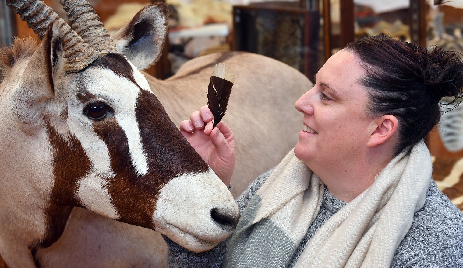 Proctor Auctions co-owner Heidi Proctor displays a rare huia feather and a taxidermied African...