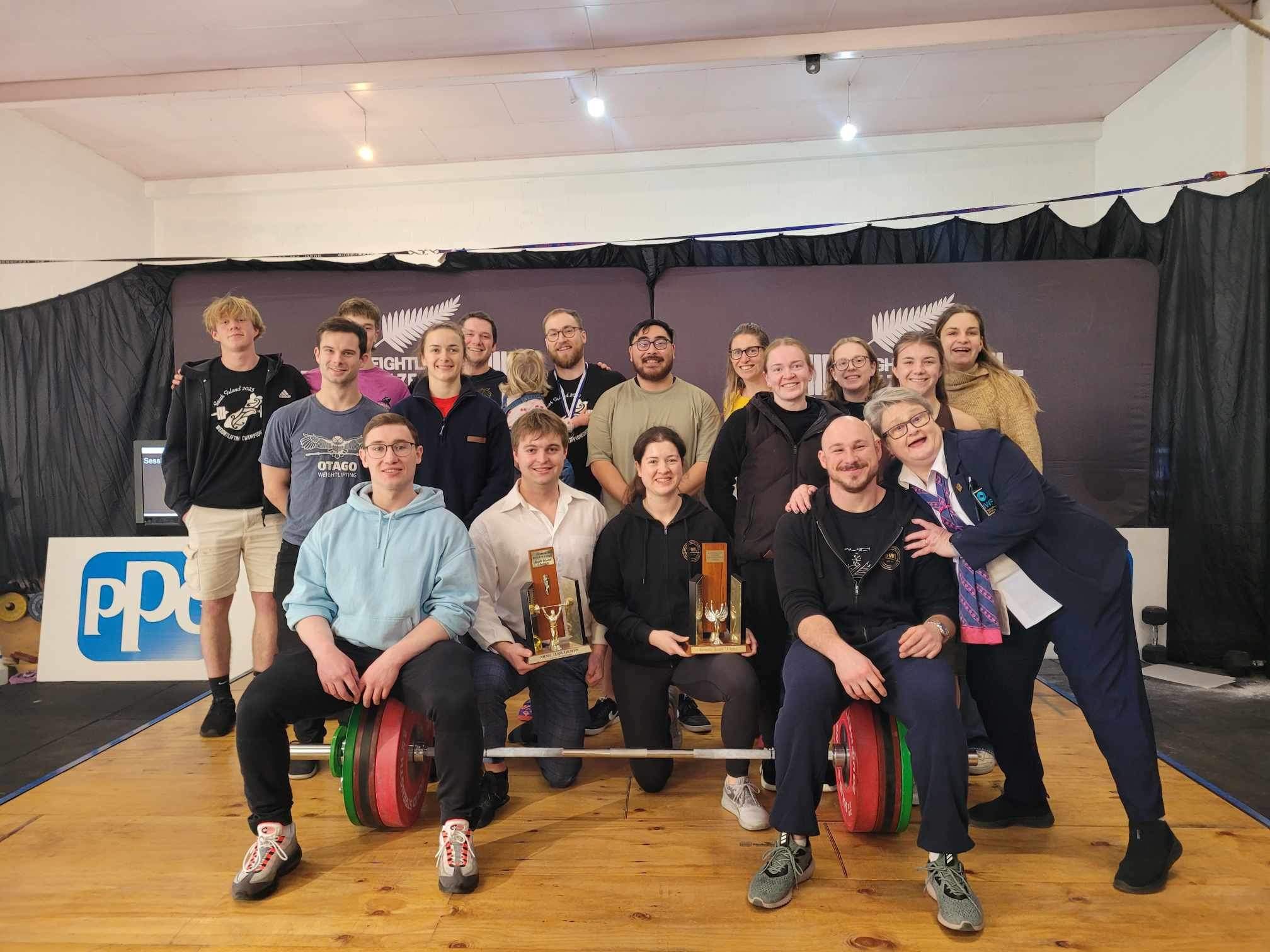 Otago weightlifters celebrate their success after the South Island weightlifting championships in...