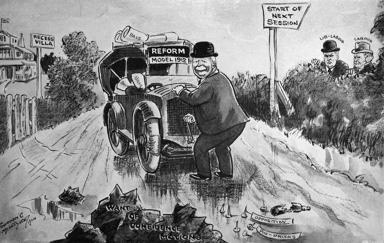 Cartoon by Gordon McIntyre shows Prime Minister William Massey cranking up his "old reliable"...