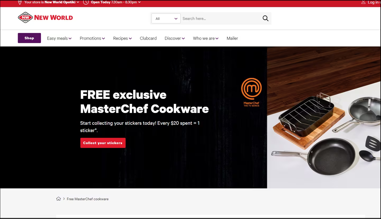 A screenshot of New World's Masterchef cookware promotion.