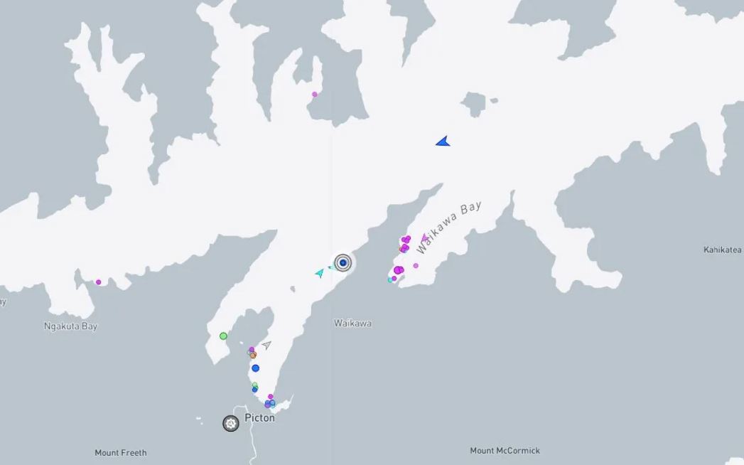 The Aratere (shown by the circle in the centre of the image) ran aground on Friday night. Photo:...