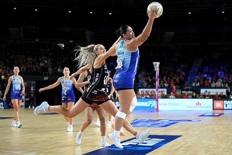 Northern Mystics wing attack Peta Toeava grabs the ball out of thin air in front of Mainland...