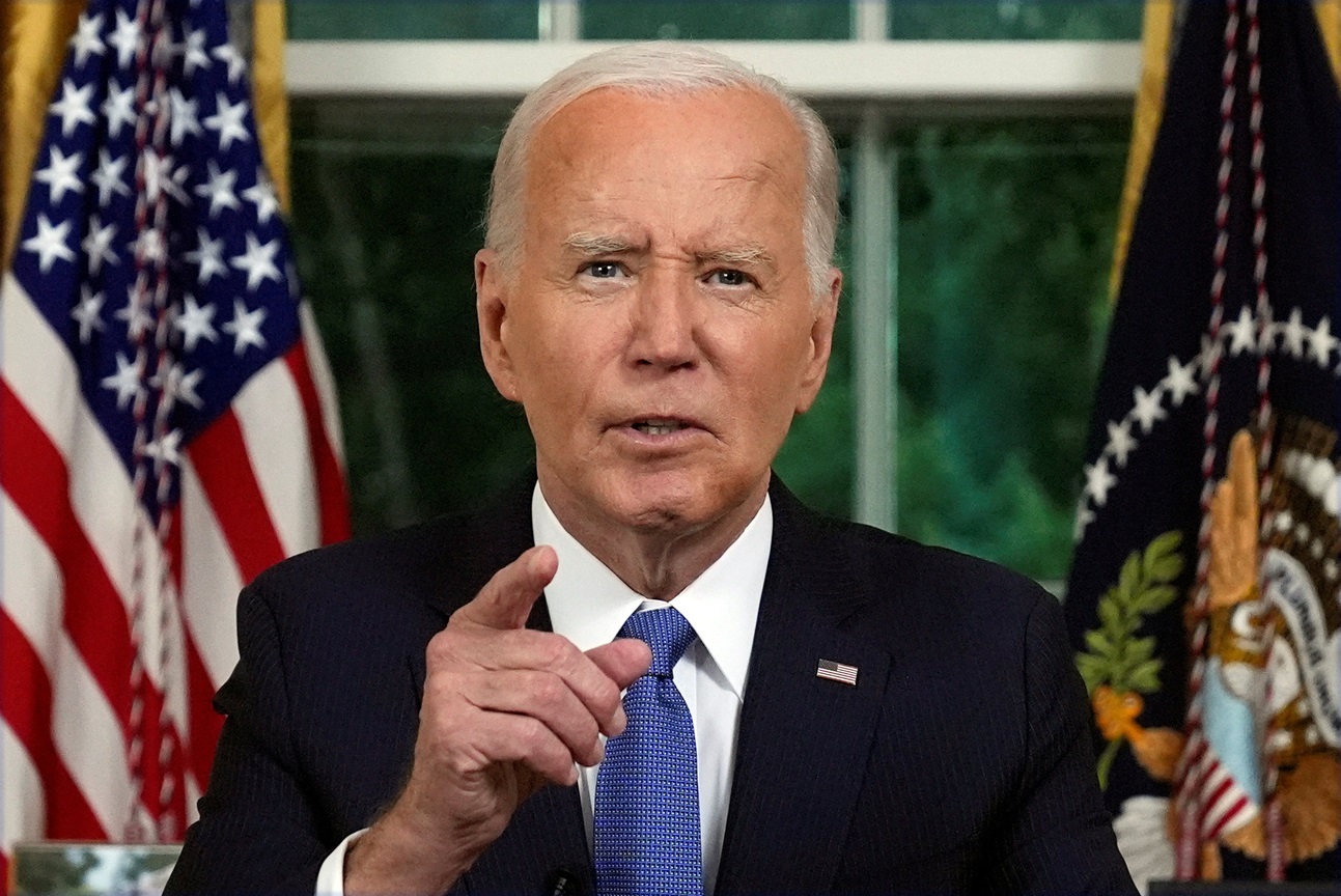 US President Joe Biden addresses the nation from the Oval Office of the White House in Washington...