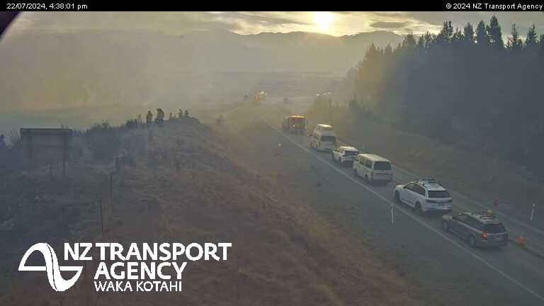 Smoke fills the air at the intersection of SH8 and SH80 near Lake Pukaki. Photo: NZTA