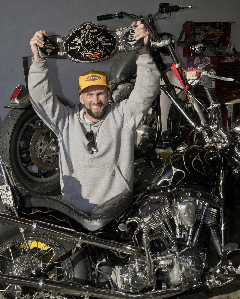 Andrew Martin, back in his Dunedin workshop with the champion’s belt, after winning the 2024...