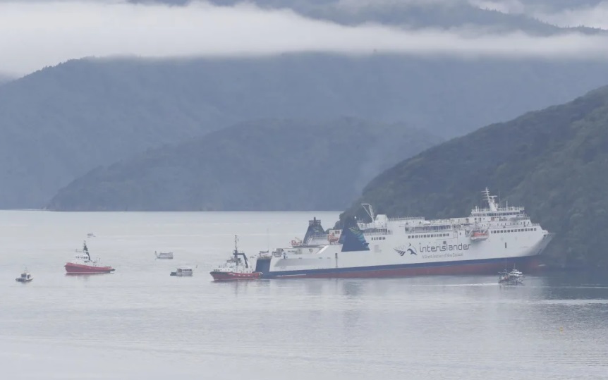 The Aratere is seen grounded near Picton in the Marlborough Sounds. Photo: RNZ