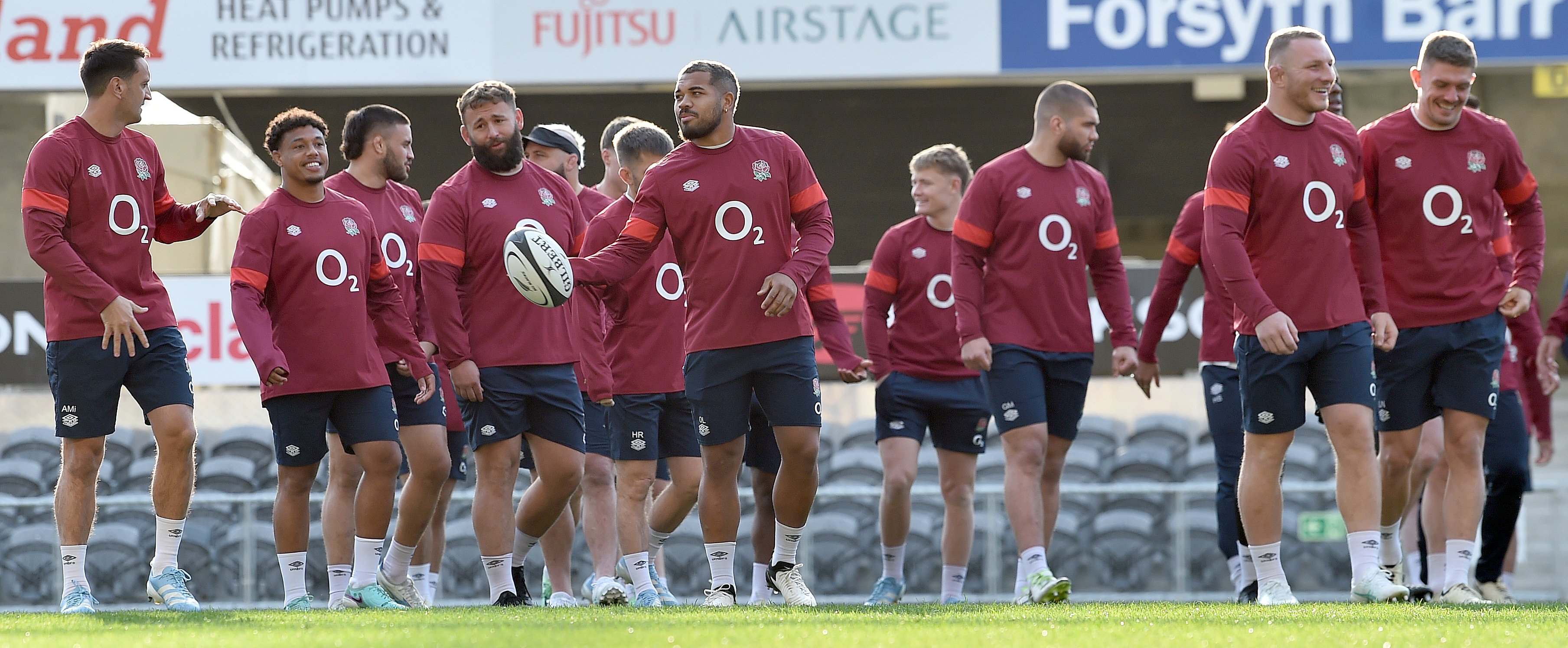 Ollie Lawrence carries the ball during the England captain’s run at Forsyth Barr Stadium...