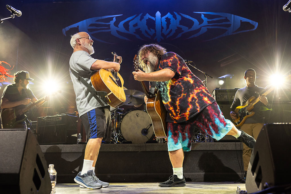 Kyle Gass (L) and Jack Black perform as Tenacious D. Photo: Getty